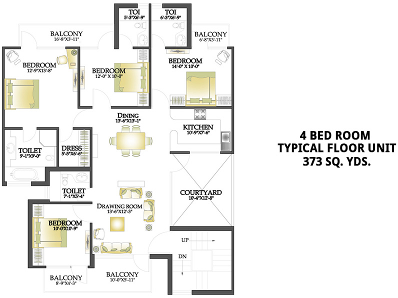 4 Bed Room Typical Floor Unit - 373 Sq. Yds.