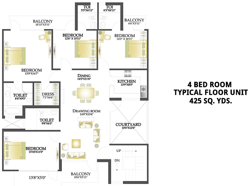 4 Bed Room Typical Floor Unit - 425 Sq. Yds.