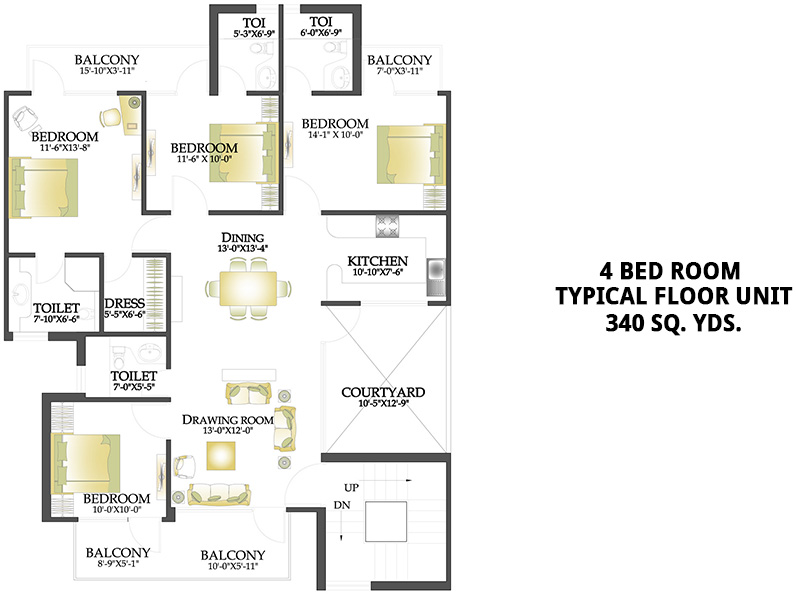4 Bed Room Typical Floor Unit - 340 Sq. Yds.